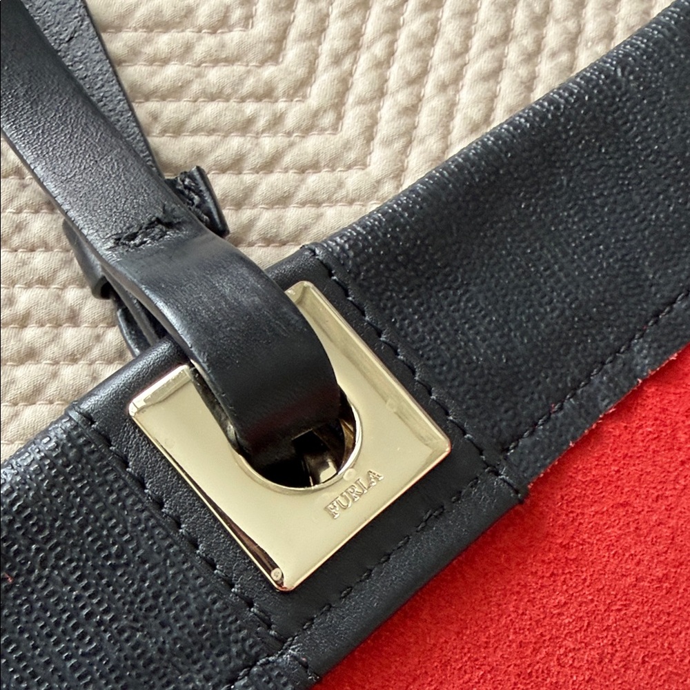Furla Red Suede Tote with Black Leather Pocket - Picture 6 of 12